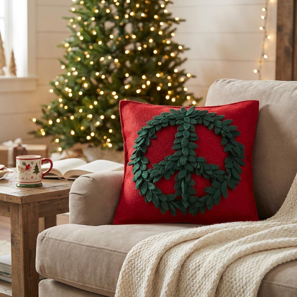 Hand Felted Wool Pillow – Green Peace Sign Red – 20”