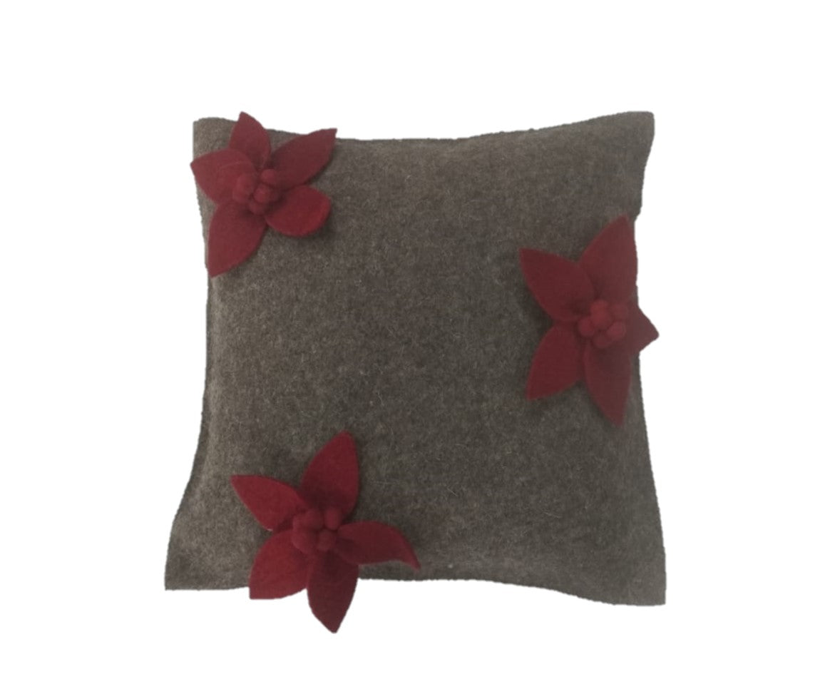 Hand Felted Wool Pillow - Scattered Red 3d Flowers Grey – 20"