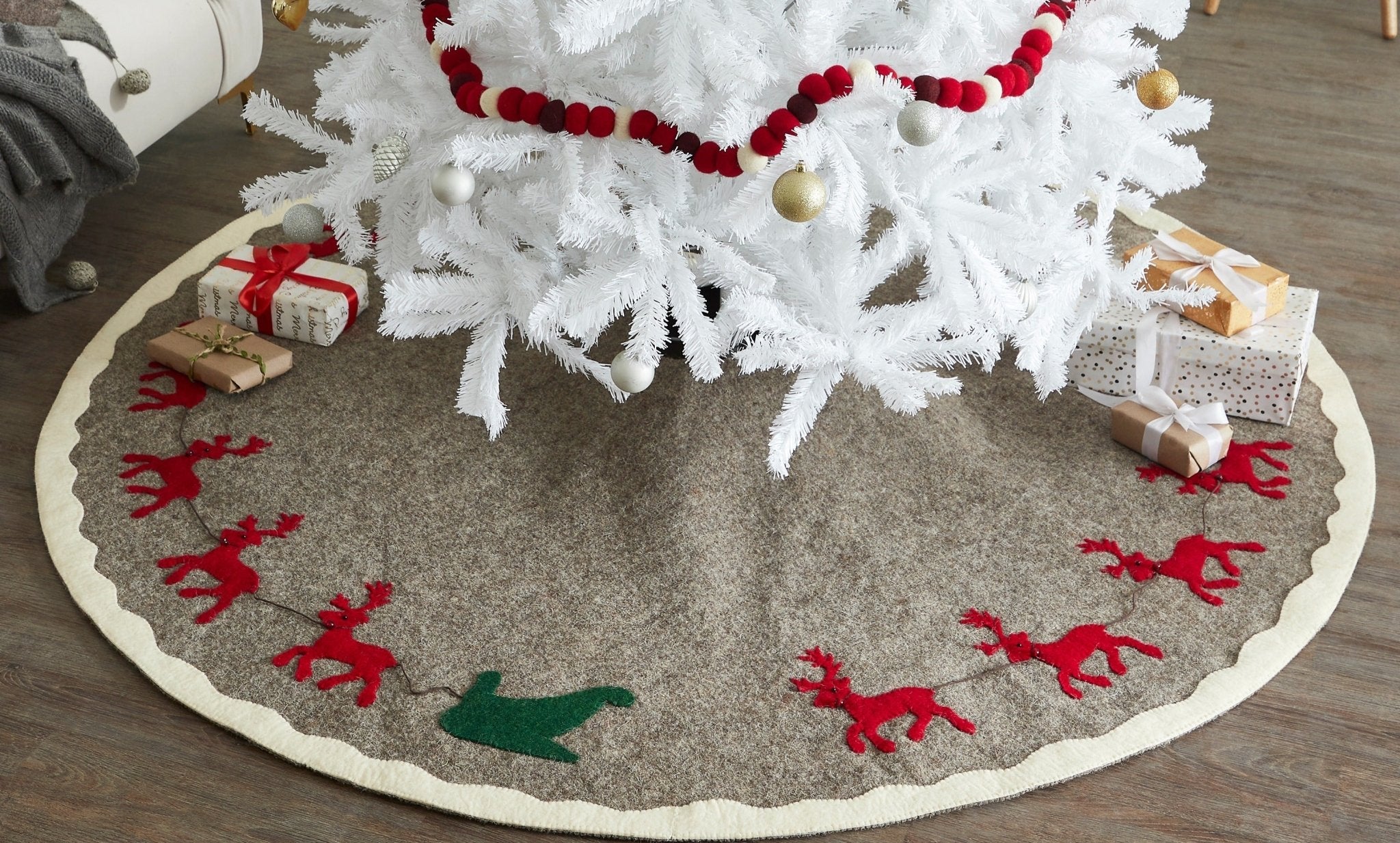 Hand Felted Wool Reindeer & Sleigh Tree Skirt - Christmas Eve Scene