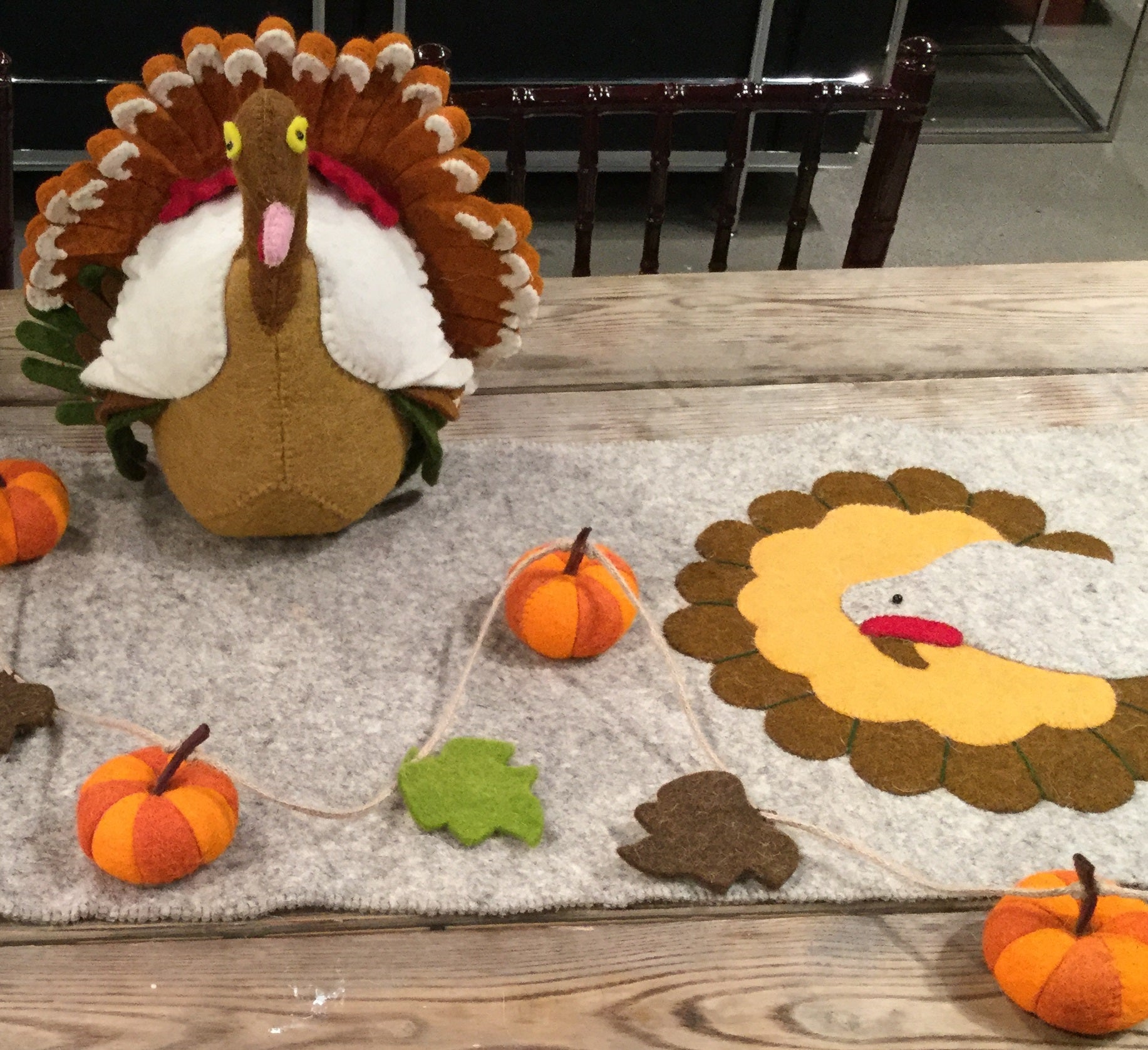 Hand Felted Wool Thanksgiving Turkey Table Runner - 16x44"
