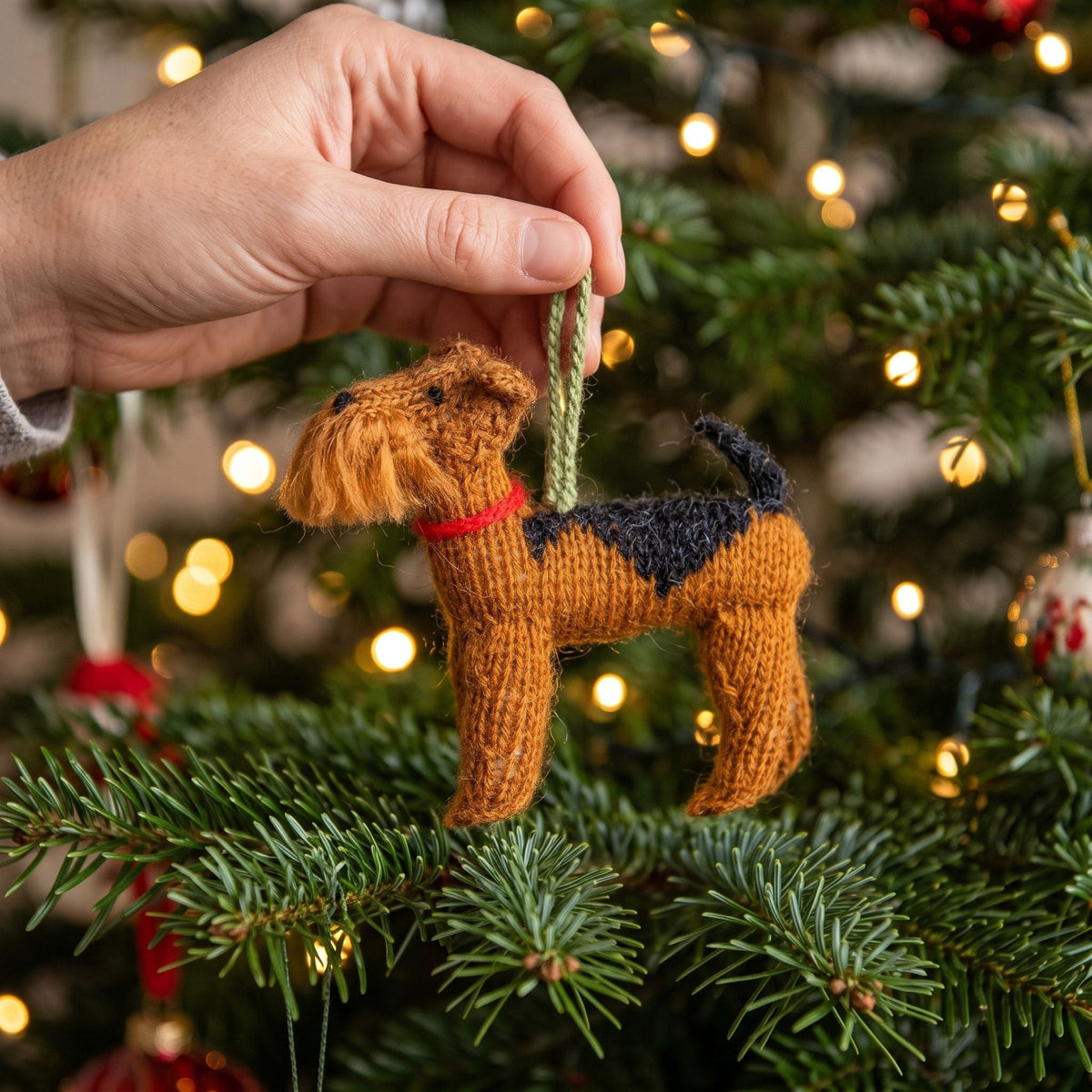 Hand Knit Alpaca Wool Christmas Ornament - Airedale Dog