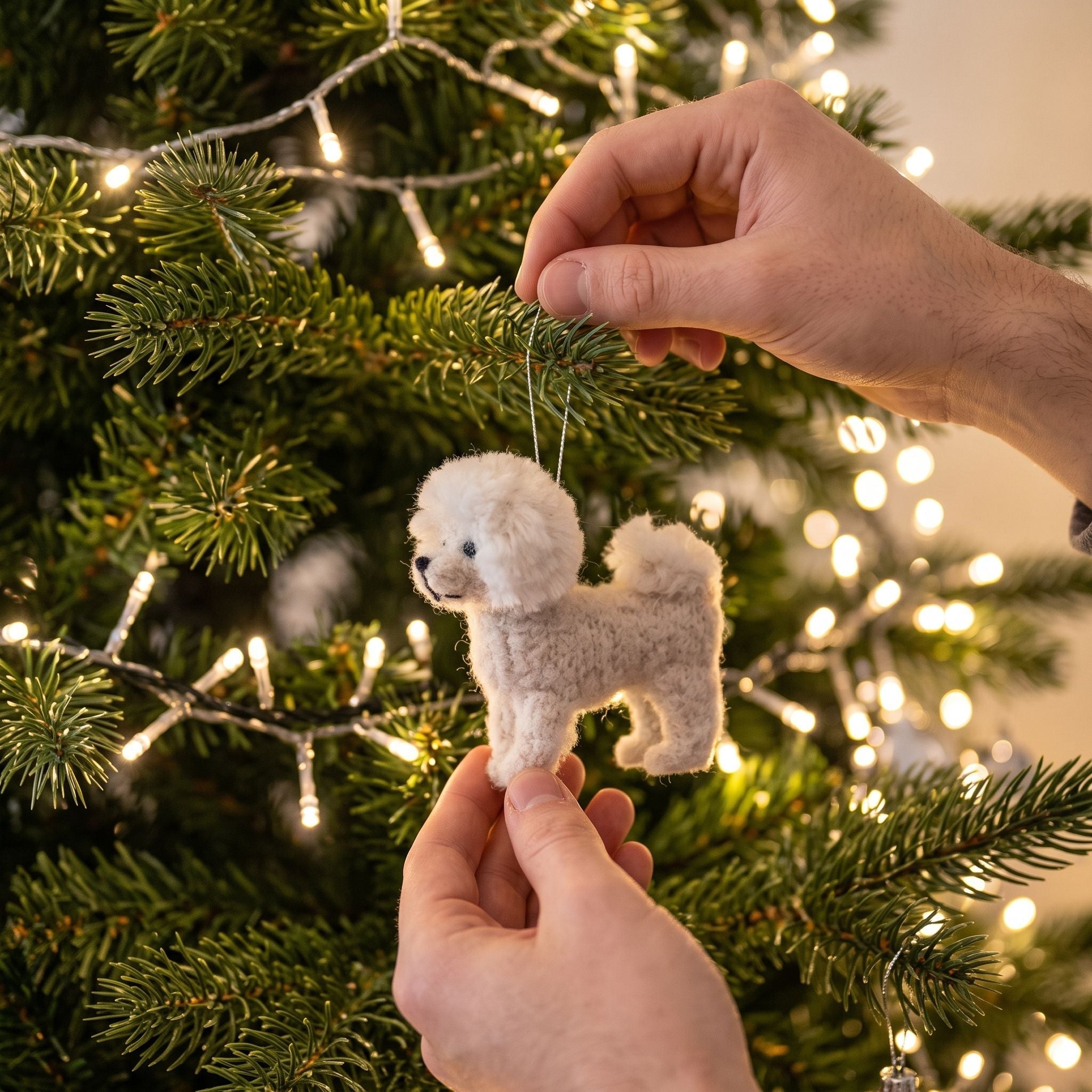 Hand Knit Alpaca Wool Christmas Ornament - Bichon Frise Dog