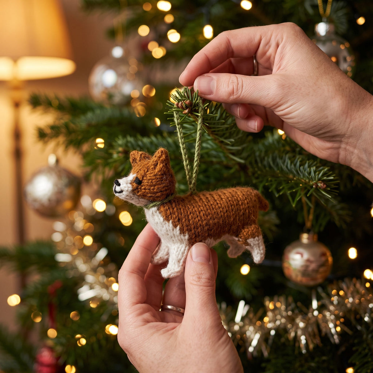 Hand Knit Alpaca Wool Christmas Ornament - Corgi Dog