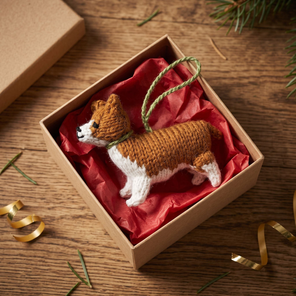 Hand Knit Alpaca Wool Christmas Ornament - Corgi Dog