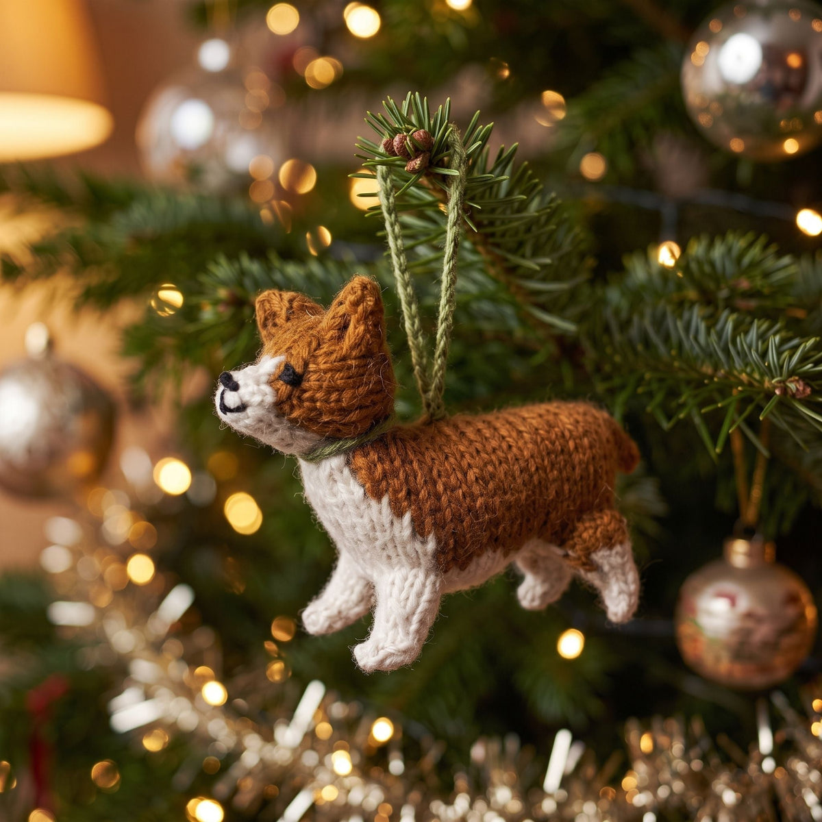 Hand Knit Alpaca Wool Christmas Ornament - Corgi Dog
