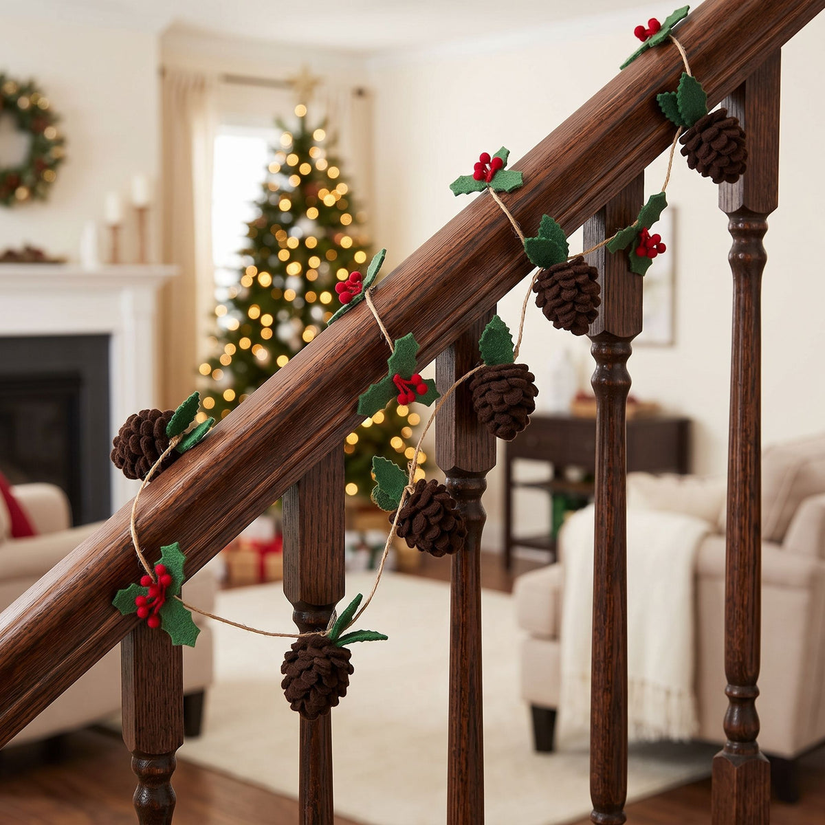 Handmade Christmas Garland - Pinecones And Holly Berries In Felt And Jute - 6'