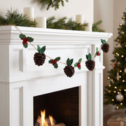 Handmade Christmas Garland - Pinecones And Holly Berries In Felt And Jute - 6'