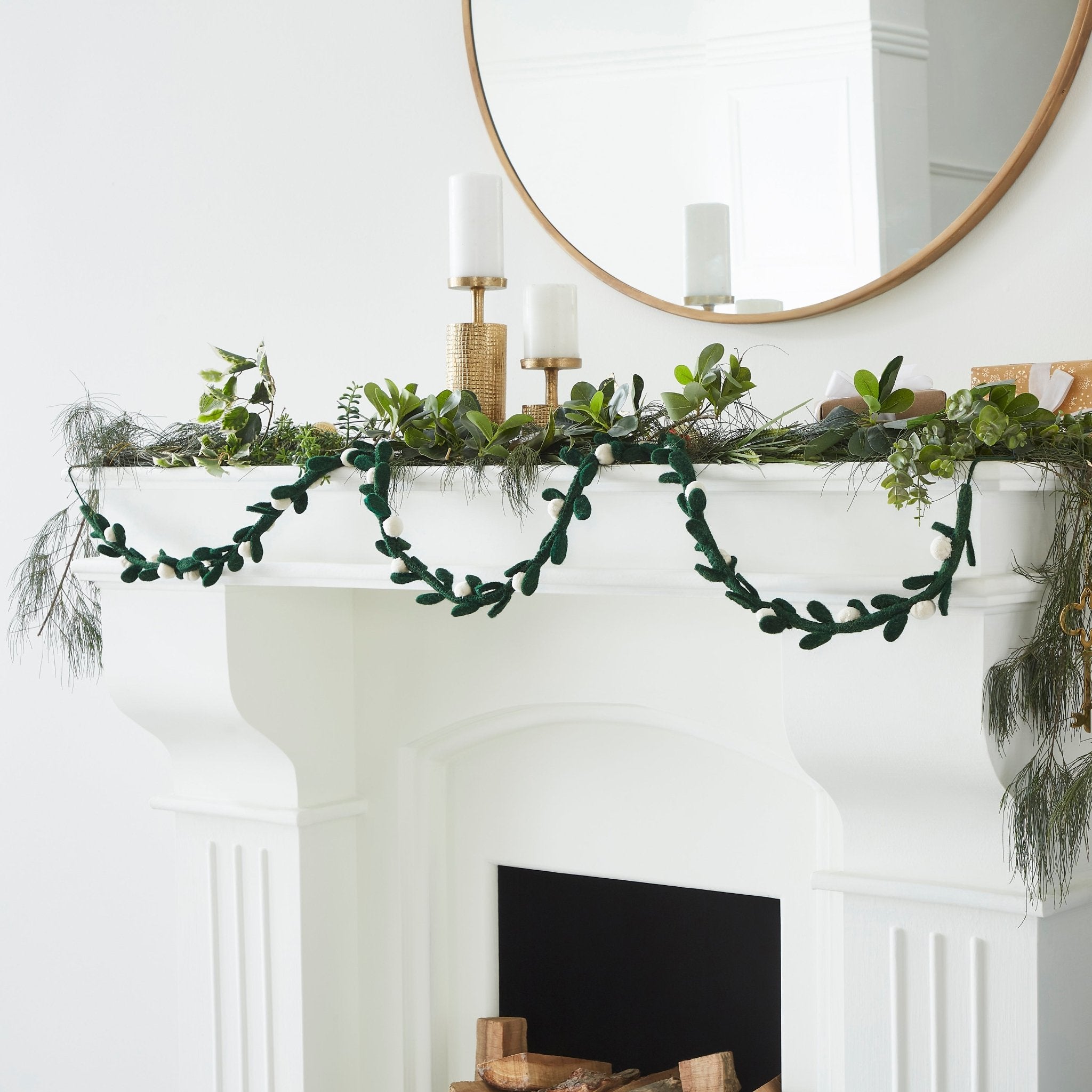 Handmade Christmas Garland - Cream Velvet Balls And Felt Mistletoe - 6'