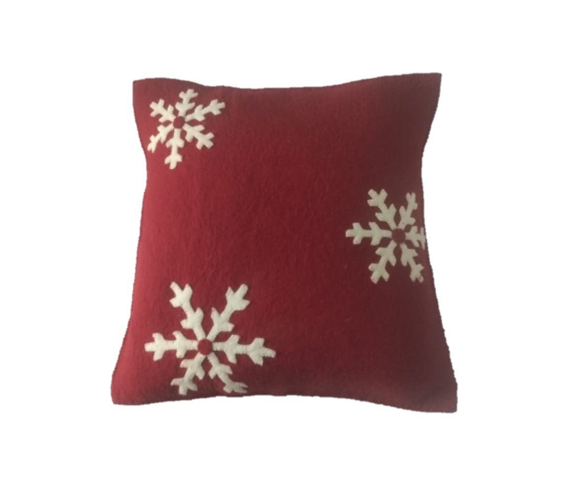 Handmade Christmas Pillow Hand Felted Wool - Cream Snowflakes Red - 20"