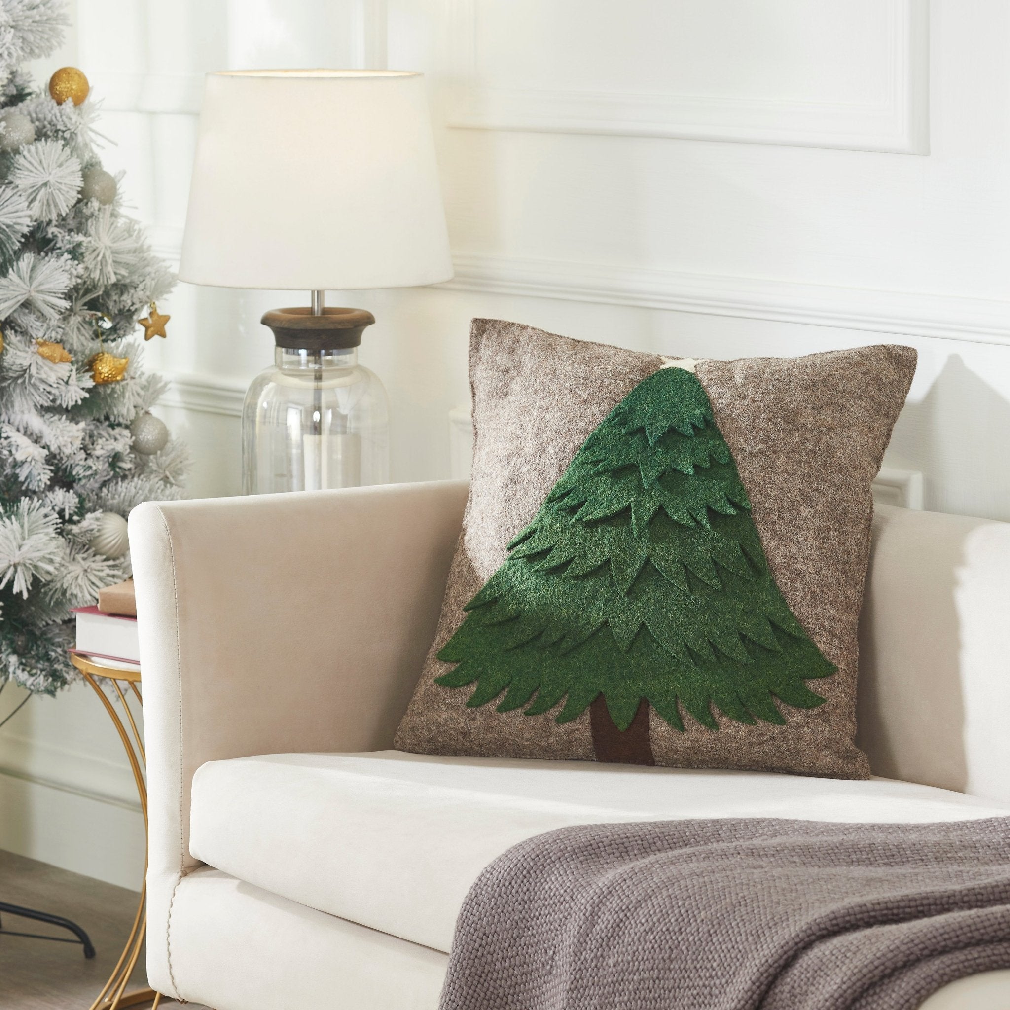 Handmade Christmas Pillow Hand Felted Wool - Green Tree Gray - 20"
