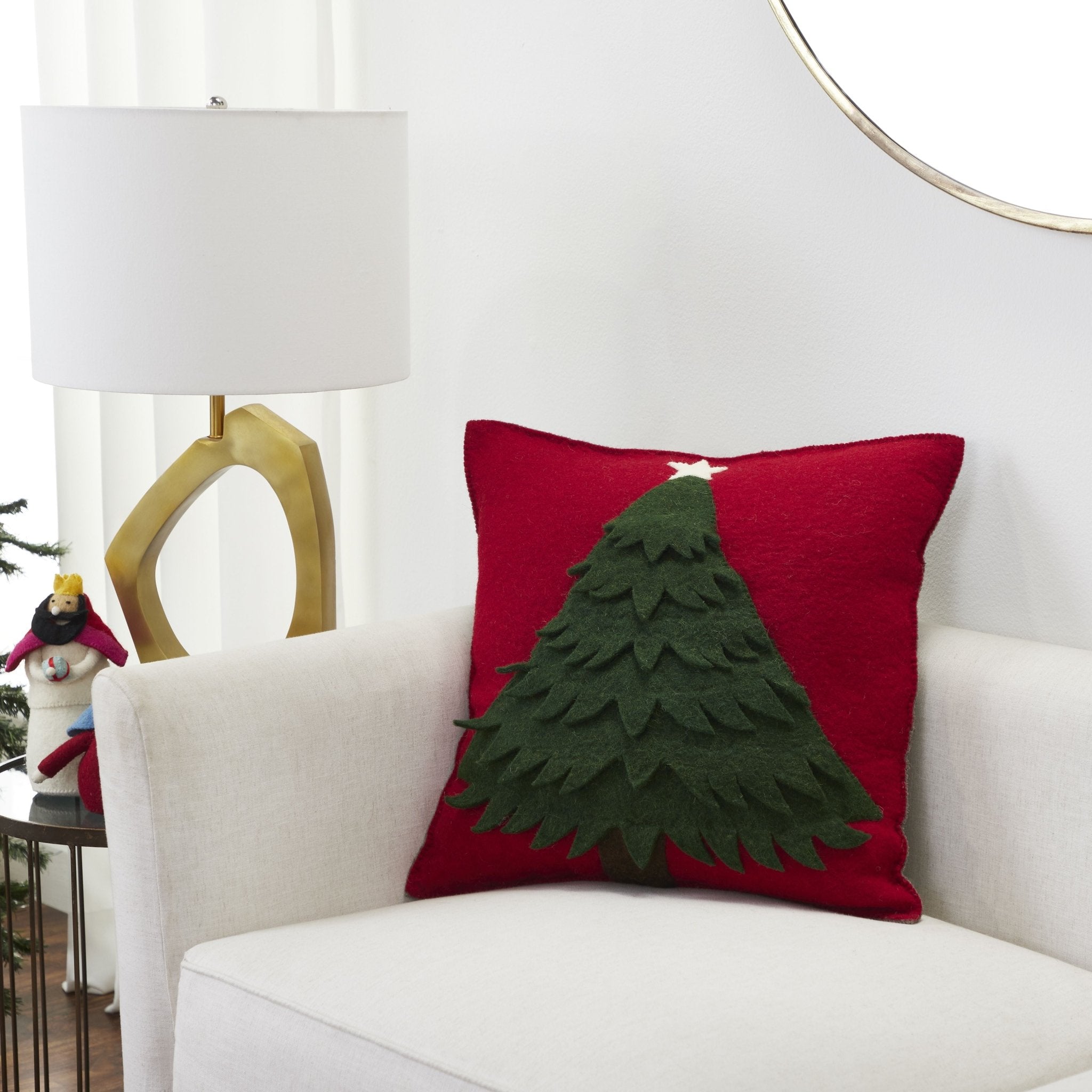 Handmade Christmas Pillow Hand Felted Wool - Tree Red - 20" / 14"