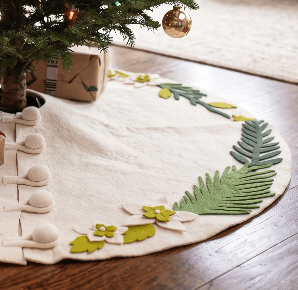 Handmade Christmas Tree Skirt Felt - Greenery Border Cream - 36"/60"/72"