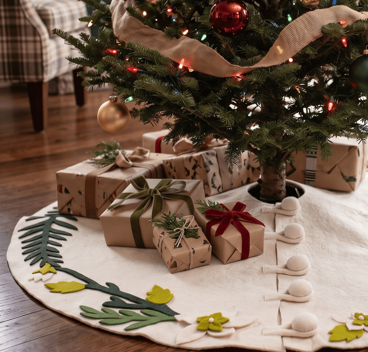 Handmade Christmas Tree Skirt Felt - Greenery Border Cream - 36"/60"/72"