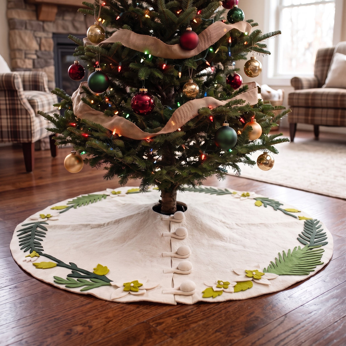 Handmade Christmas Tree Skirt Felt - Greenery Border Cream - 36"/60"/72"