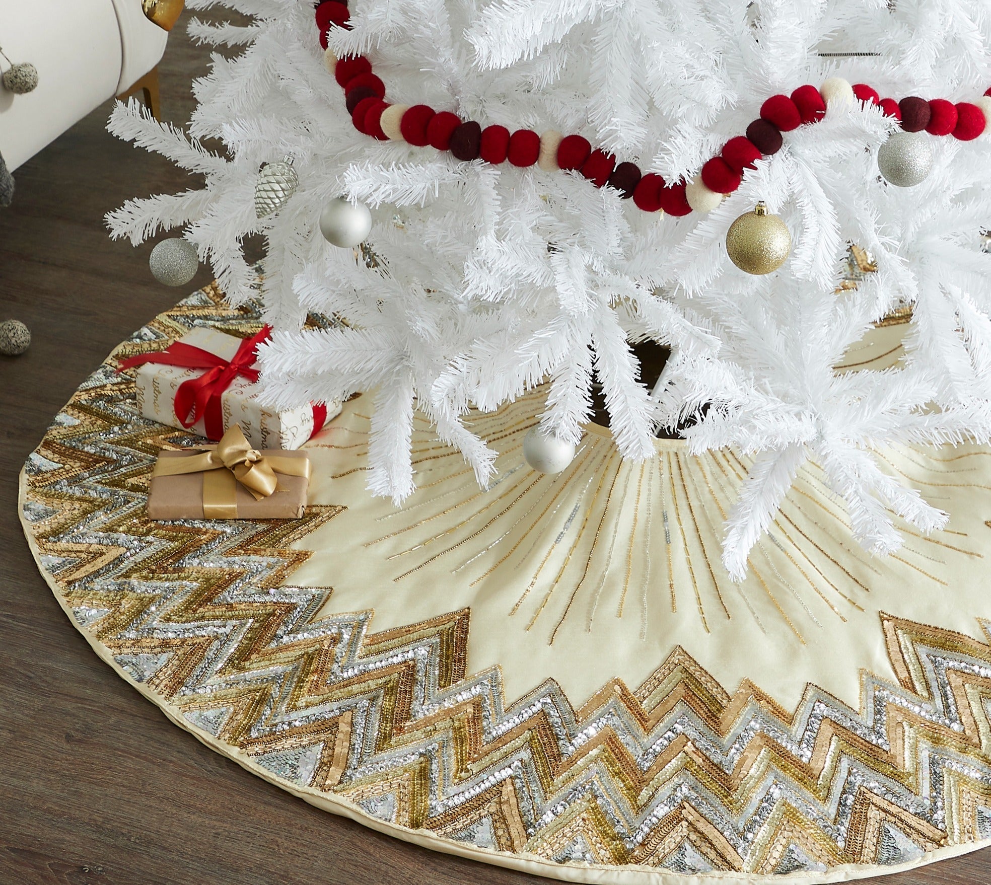 Hand Beaded Metallic Starburst French Vanilla Silk Christmas Tree Skirt 60"/72"