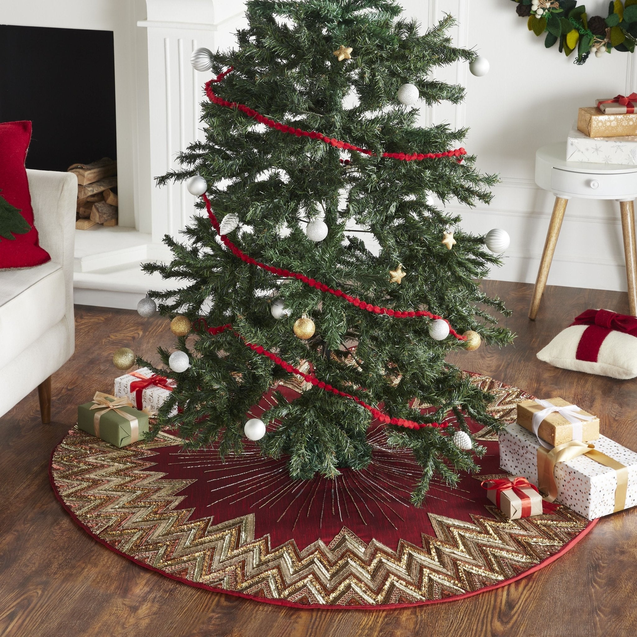 Hand Beaded Metallic Starburst Garnet Red Christmas Tree Skirt 60"