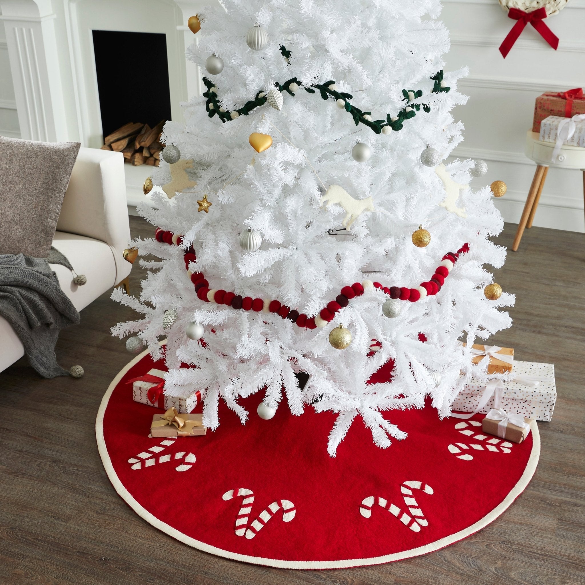 Handmade Christmas Tree Skirt In Felt - Candy Canes On Red - 60"