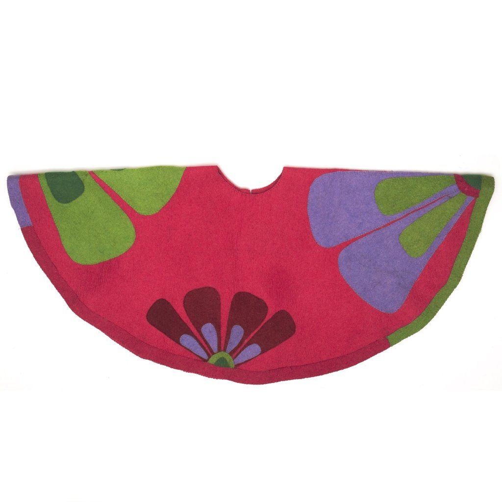 Handmade Christmas Tree Skirt In Felt - Flowers On Pink - 60"