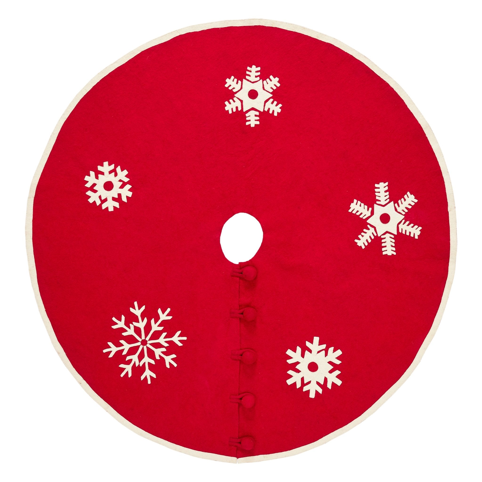 Handmade Christmas Tree Skirt In Felt - Snowflakes On Red  - 60"