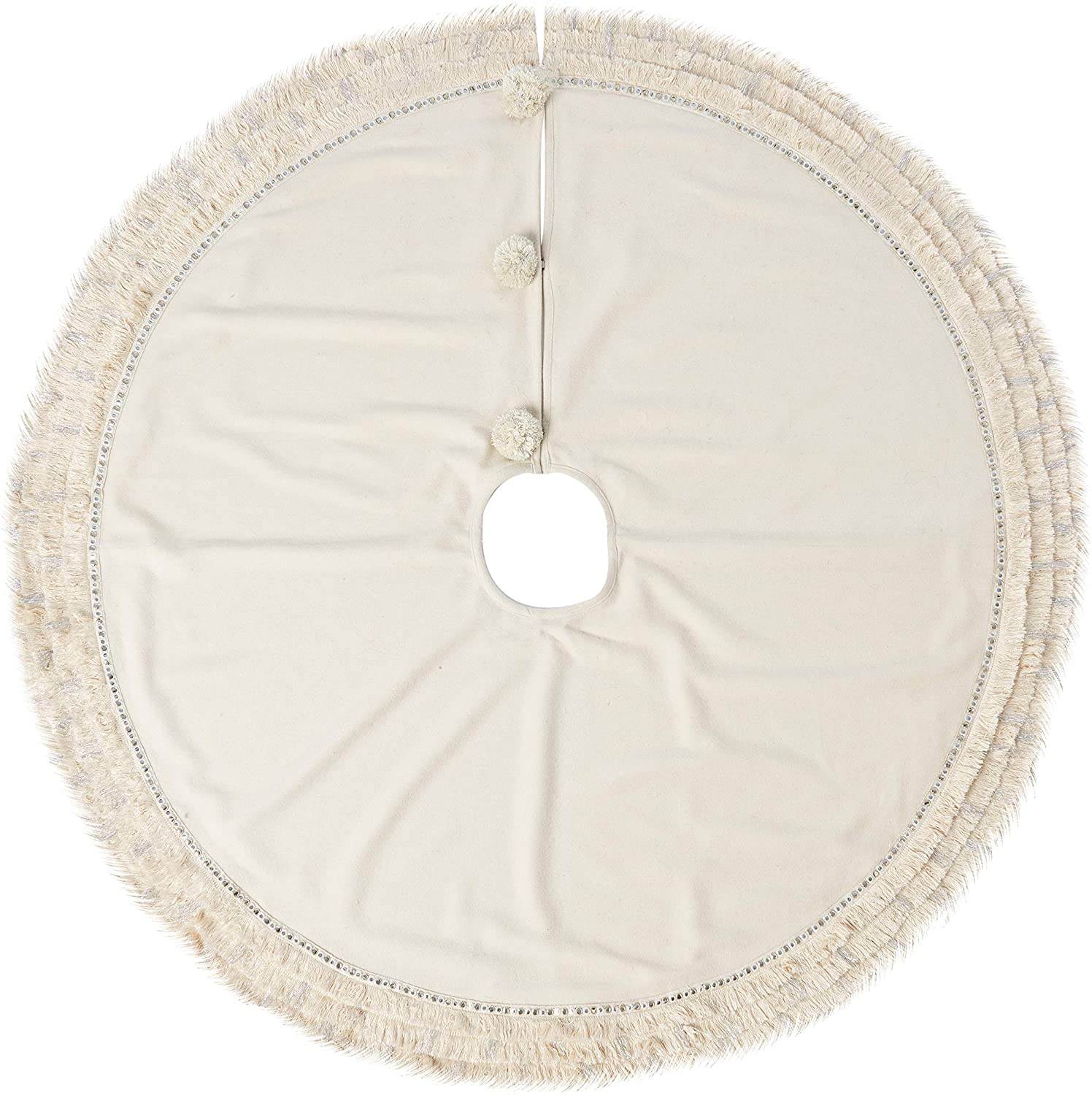 Handmade Cream Fringe Border Christmas Tree Skirt Wool 60"