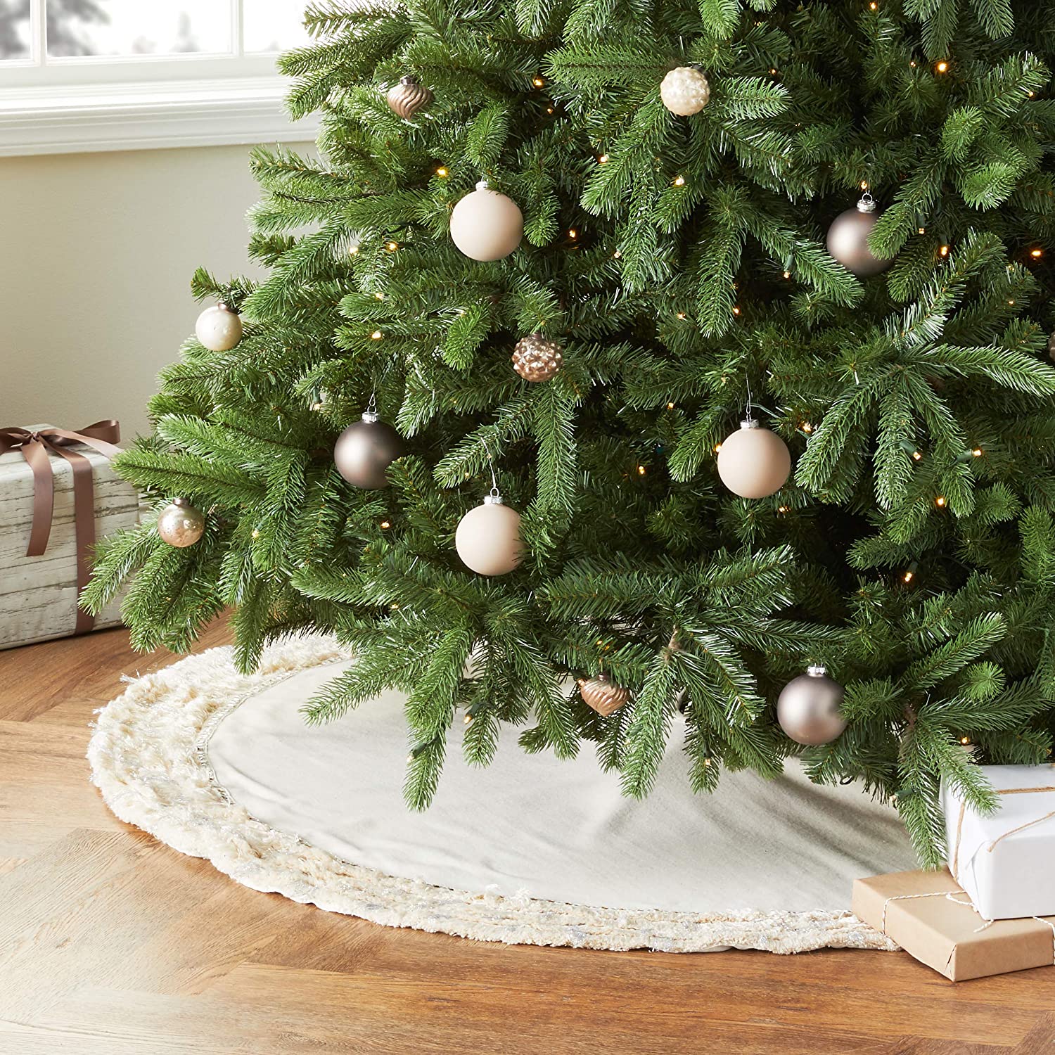 Handmade Cream Fringe Border Christmas Tree Skirt Wool 60"