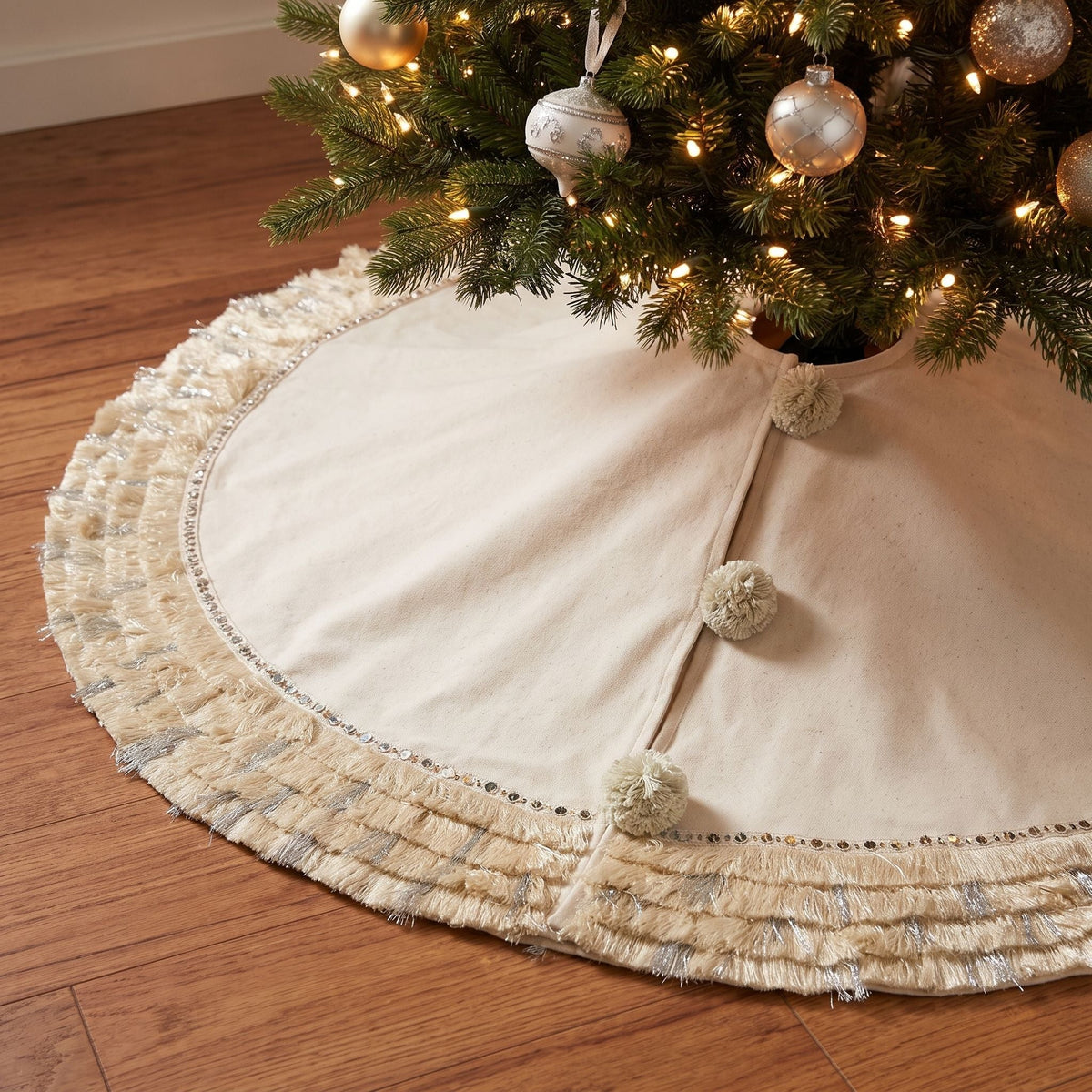 Handmade Cream Fringe Border Christmas Tree Skirt Wool 60"
