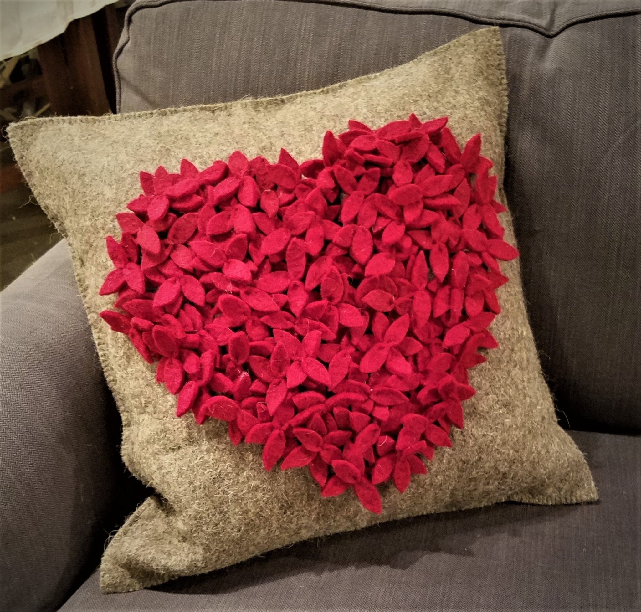 Handmade Cushion Cover Hand Felted Wool - Red Heart Gray - 20"