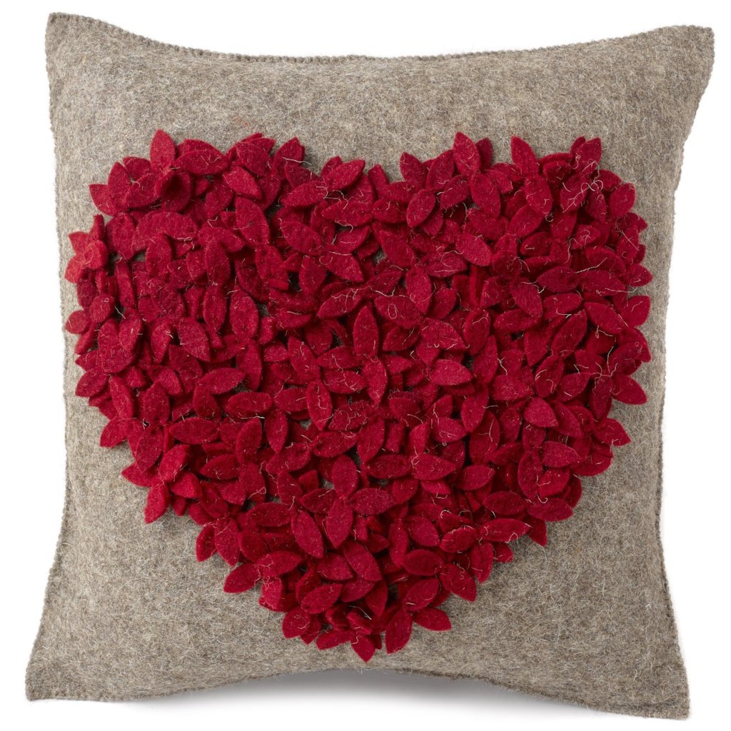 Handmade Cushion Cover Hand Felted Wool - Red Heart Gray - 20"