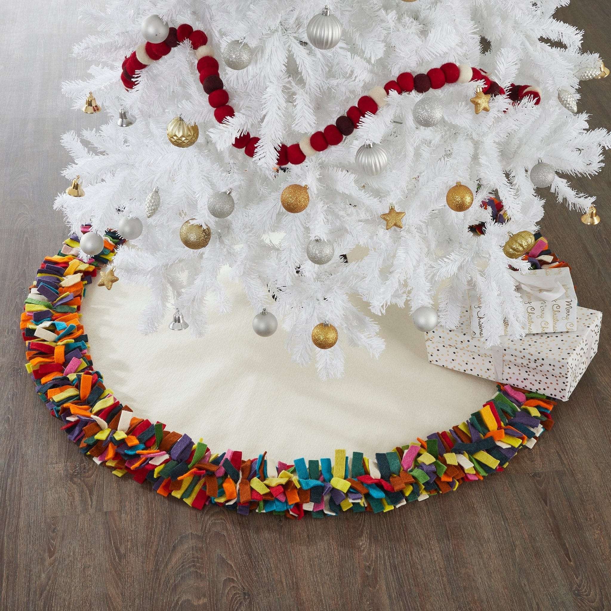 Handmade Felt Christmas Tree Skirt - Multicolor Fringe Border On Cream - 64"
