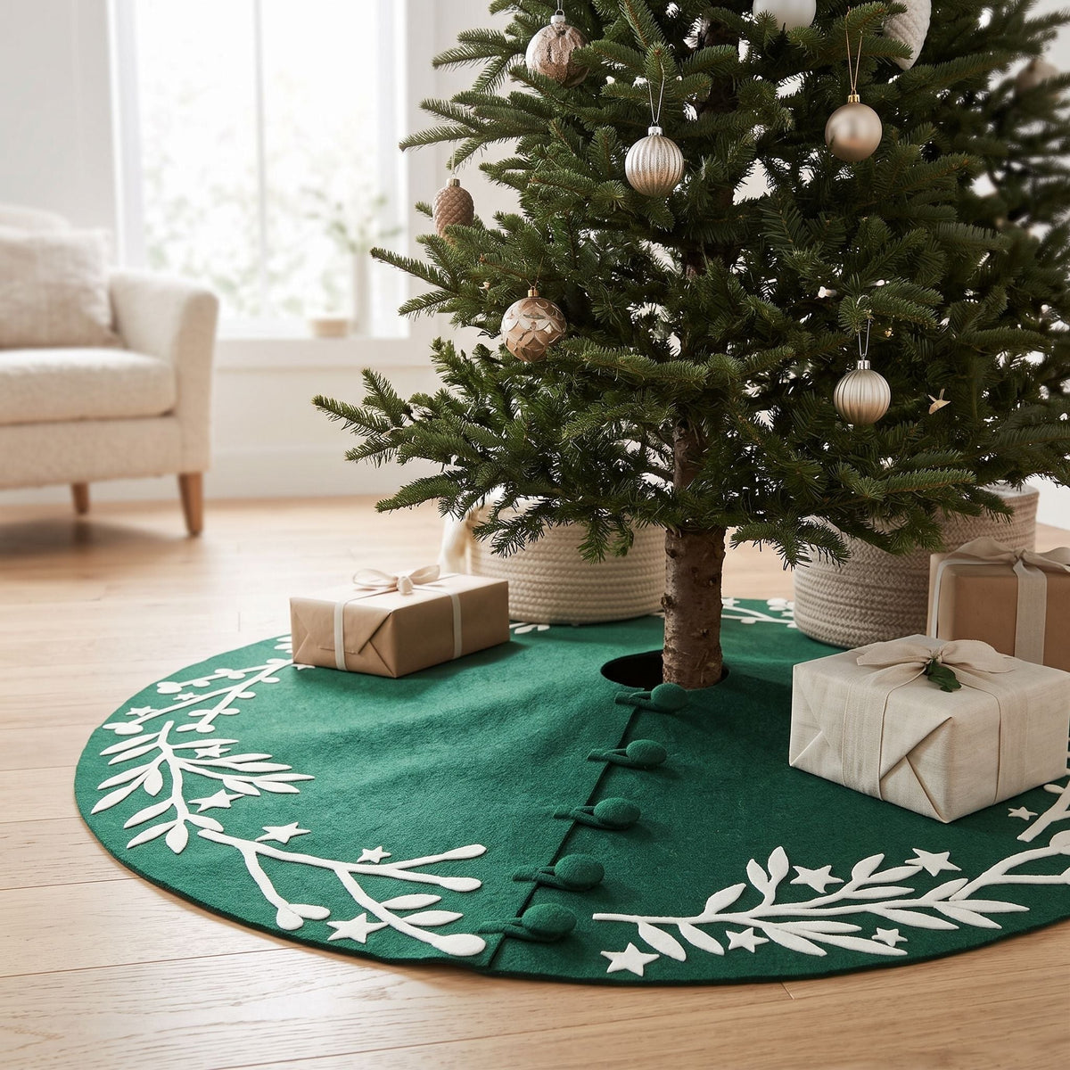 Handmade Felt Cream Branches And Stars Green Christmas Tree Skirt 60"