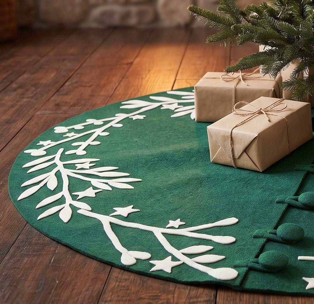 Handmade Felt Cream Branches And Stars Green Christmas Tree Skirt 60"