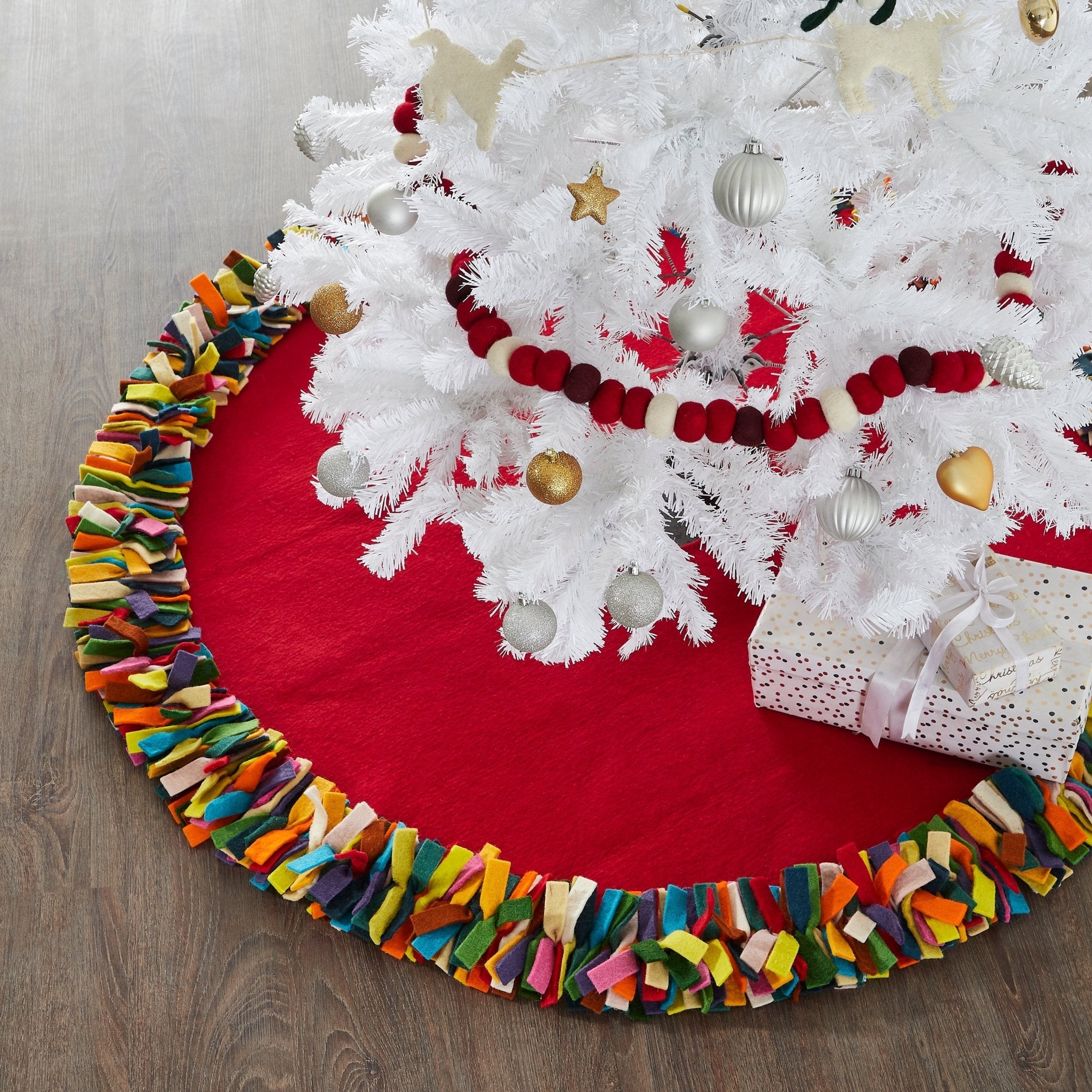 Hand Felted Wool Christmas Tree Skirt - Multicolor Fringe Border On Red - 64"