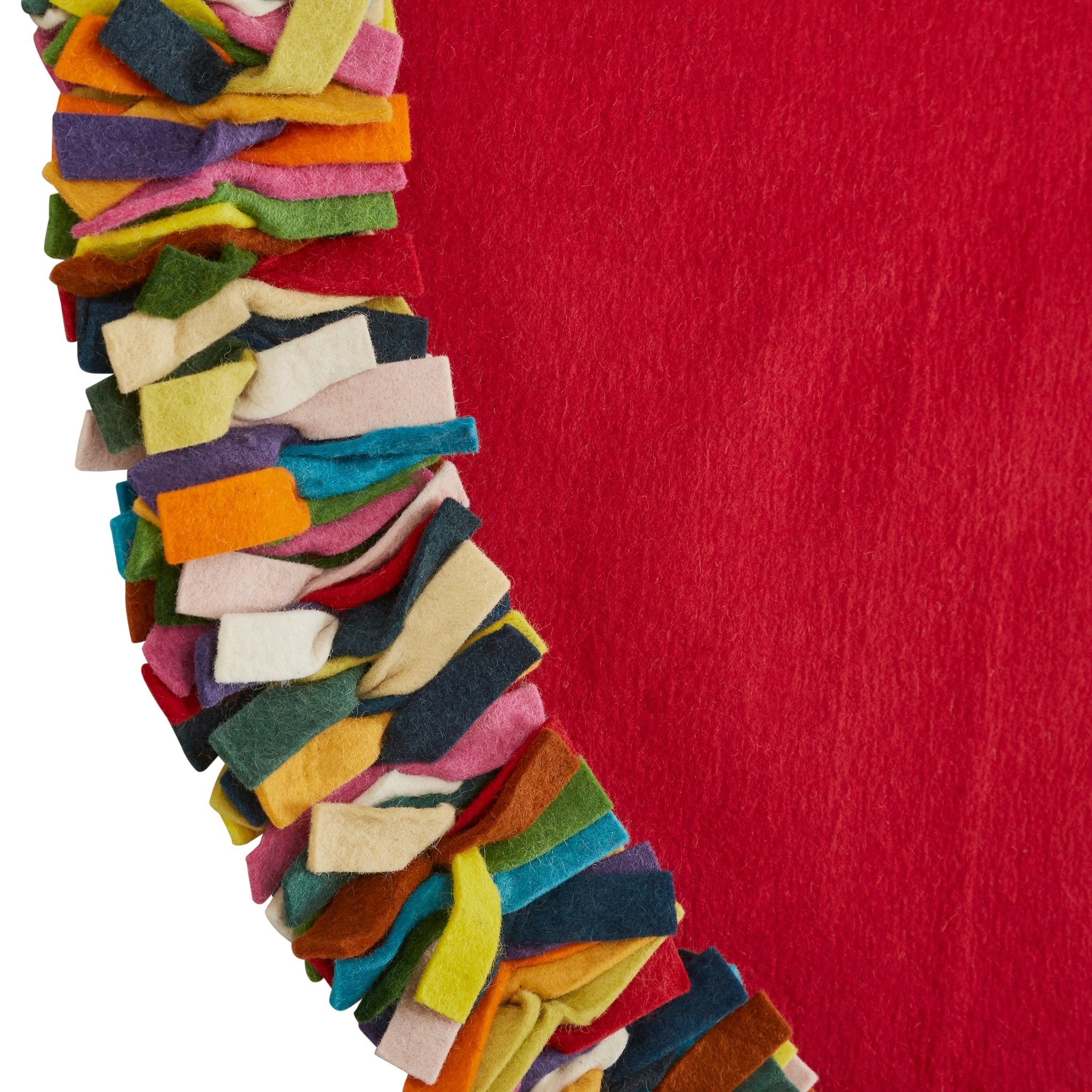 Hand Felted Wool Christmas Tree Skirt - Multicolor Fringe Border On Red - 64"