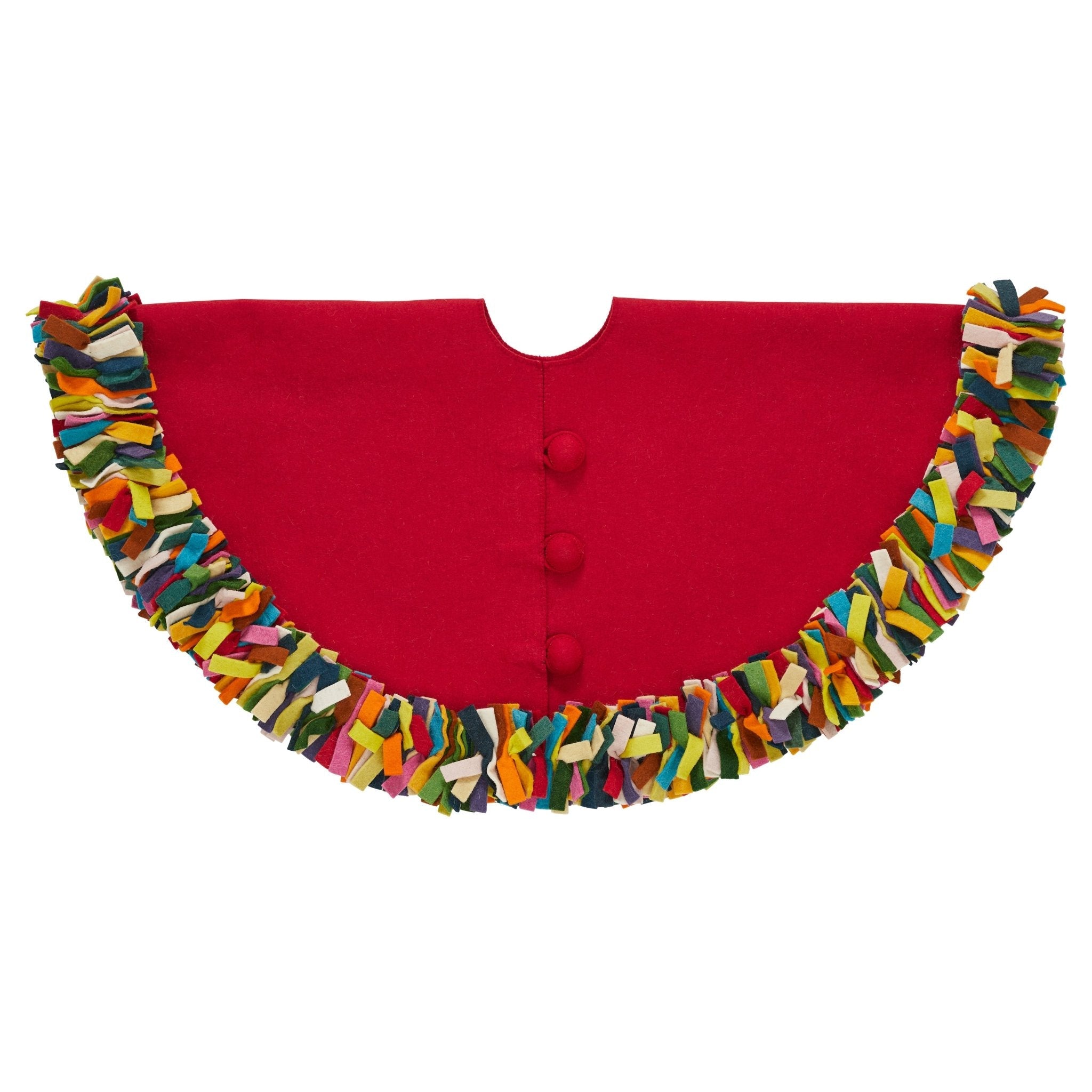 Hand Felted Wool Christmas Tree Skirt - Multicolor Fringe Border On Red - 64"
