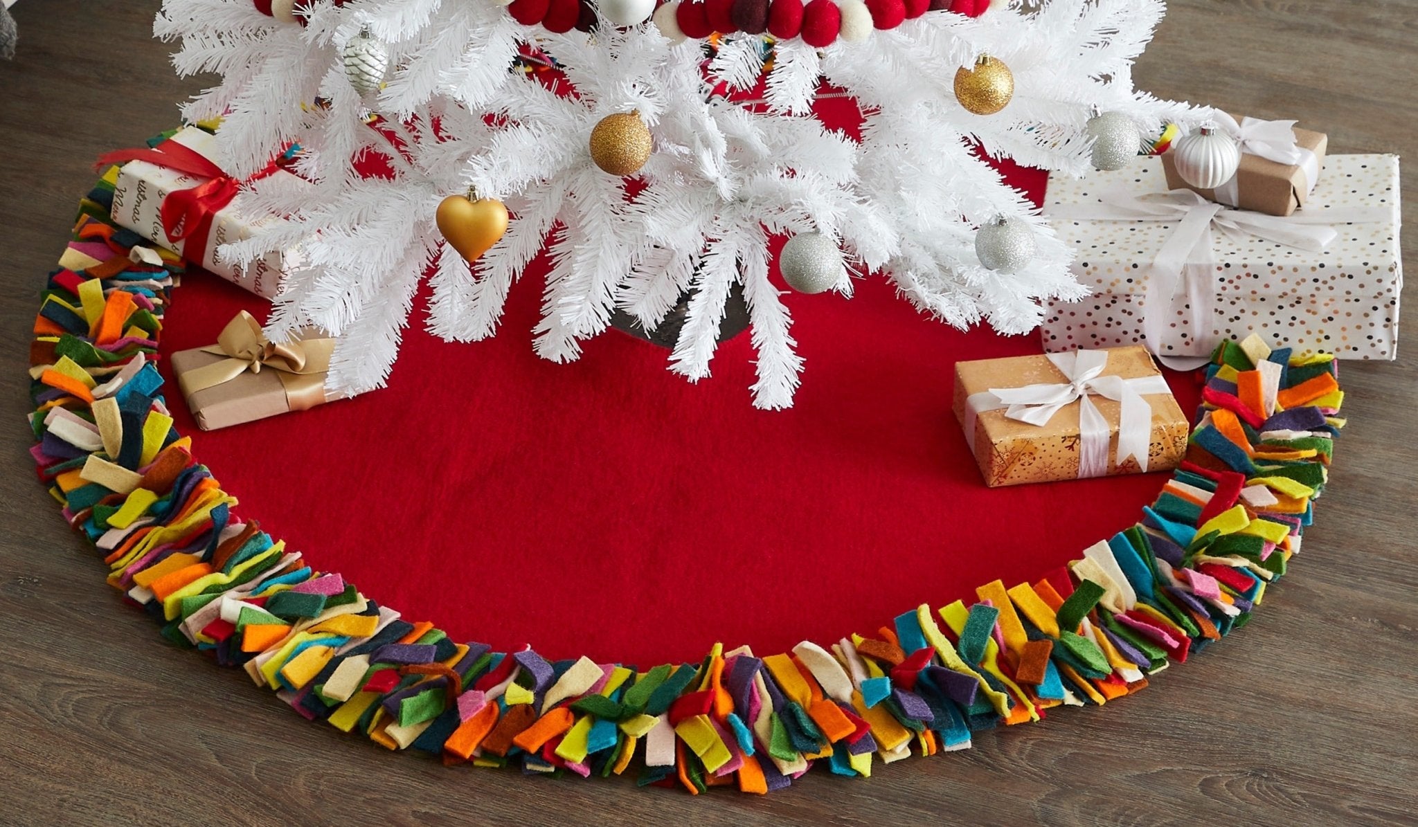 Hand Felted Wool Christmas Tree Skirt - Multicolor Fringe Border On Red - 64"
