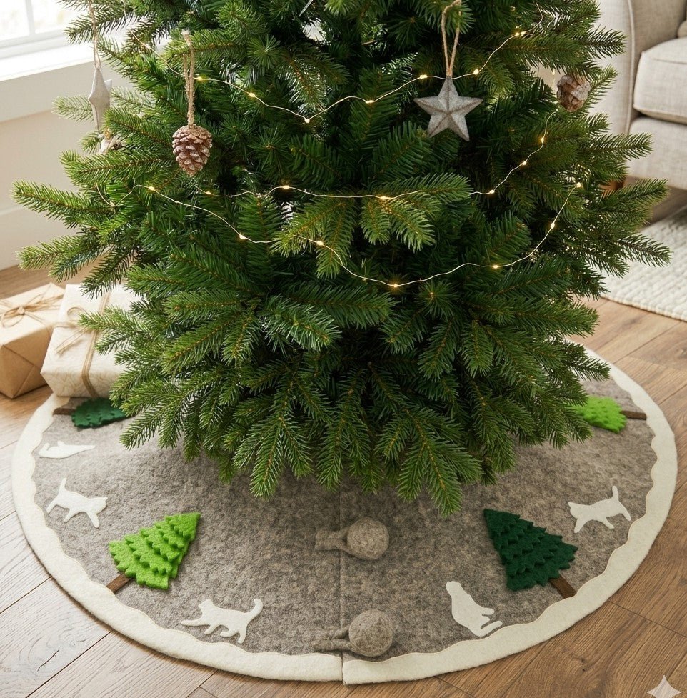 Handmade Felted Cats And Green Trees Grey Christmas Tree Skirt 36",