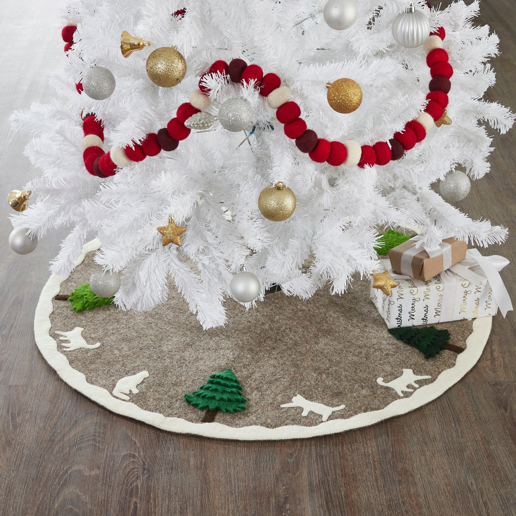Handmade Felted Cats And Green Trees Grey Christmas Tree Skirt 36",