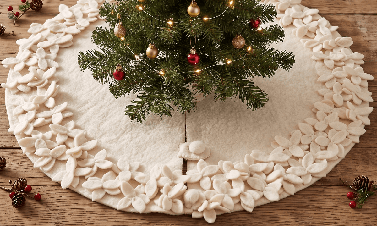 Handmade Felted Wool Overlapping Flowers Border Cream Christmas Tree Skirt 26"/48"/64"/72"