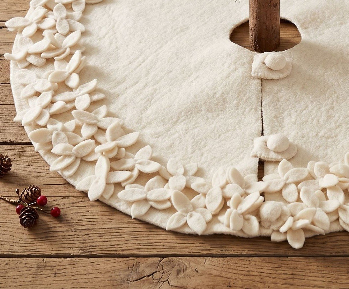 Handmade Felted Wool Overlapping Flowers Border Cream Christmas Tree Skirt 26"/48"/64"/72"