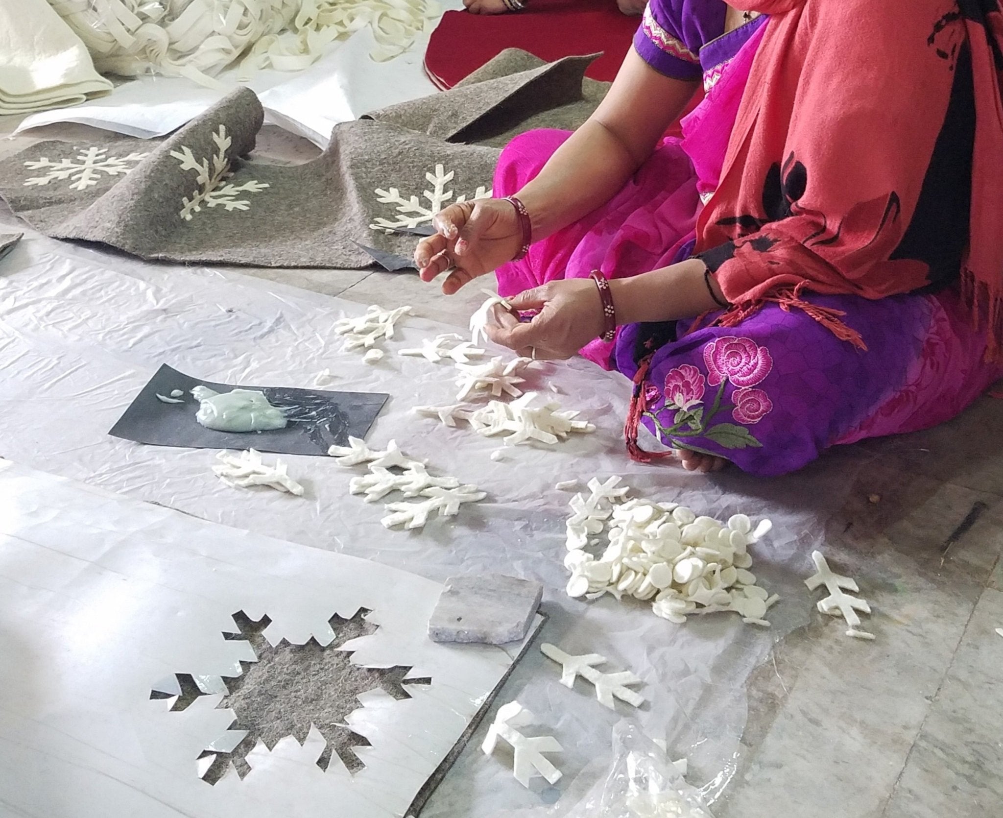 Gray Hand Felted Wool Christmas Table Runner - Snowflakes - 16"x44"