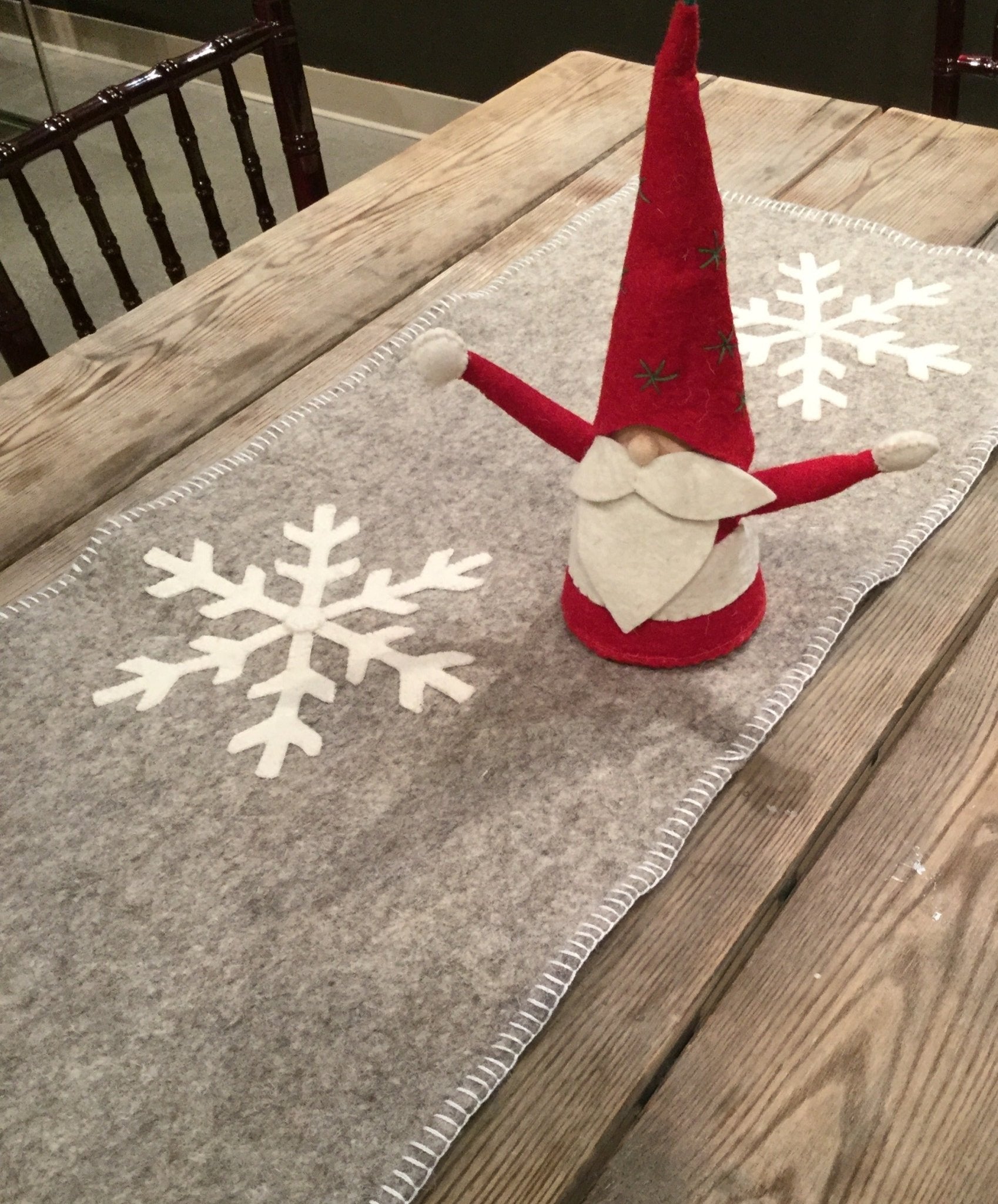 Gray Hand Felted Wool Christmas Table Runner - Snowflakes - 16"x44"