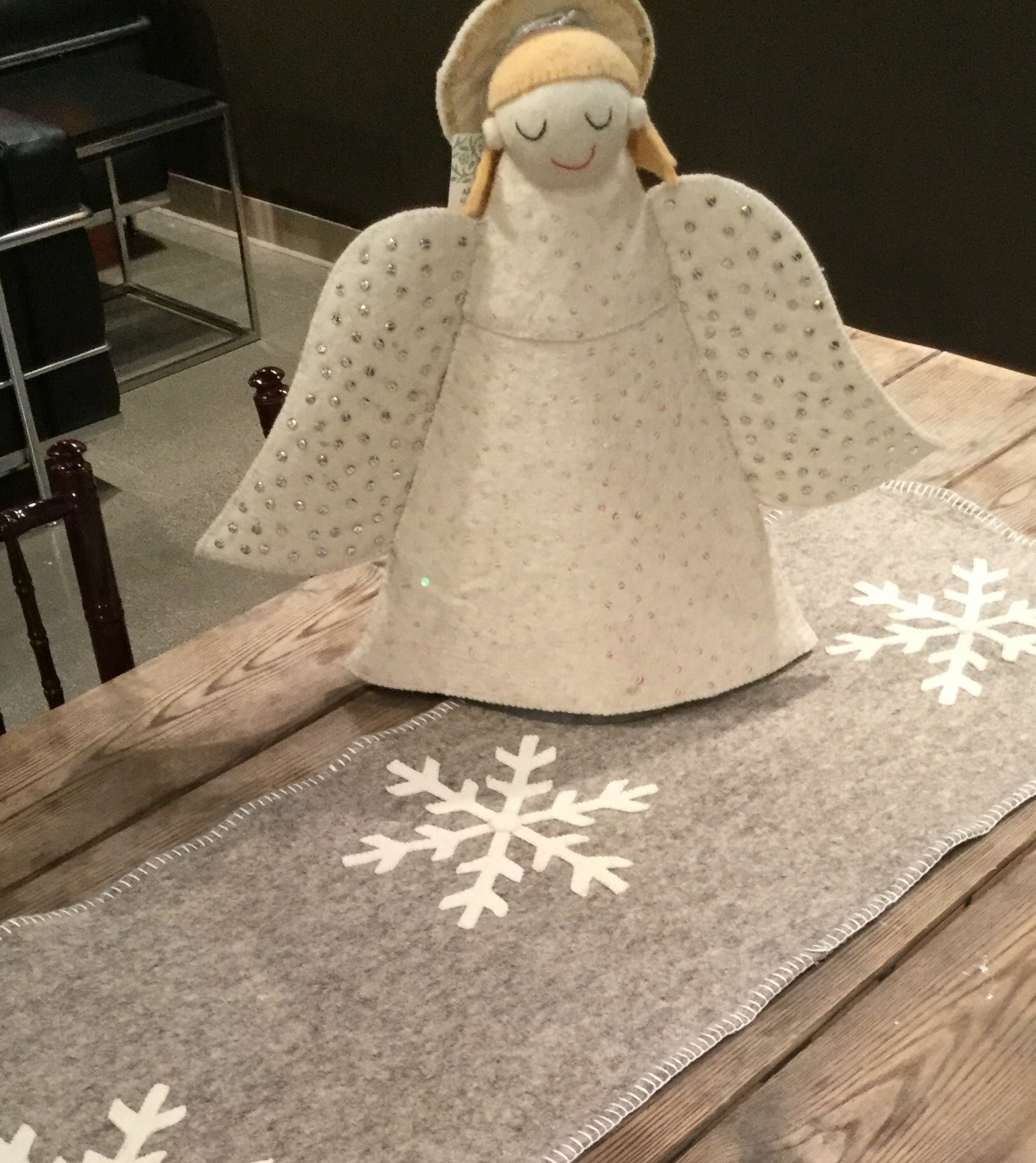 Gray Hand Felted Wool Christmas Table Runner - Snowflakes - 16"x44"