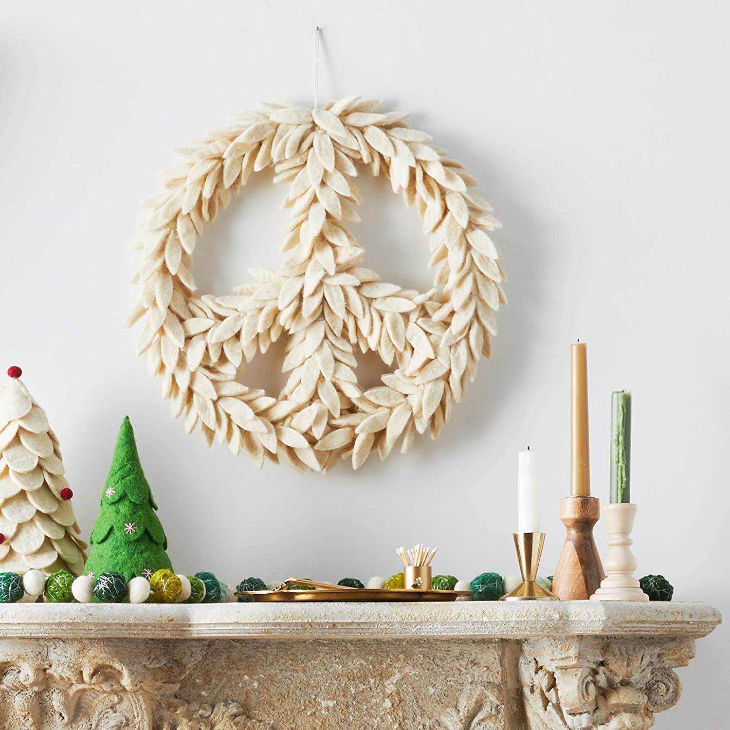 Handmade Hand Felted Wool Wreath - Peace Symbol Cream - 14"