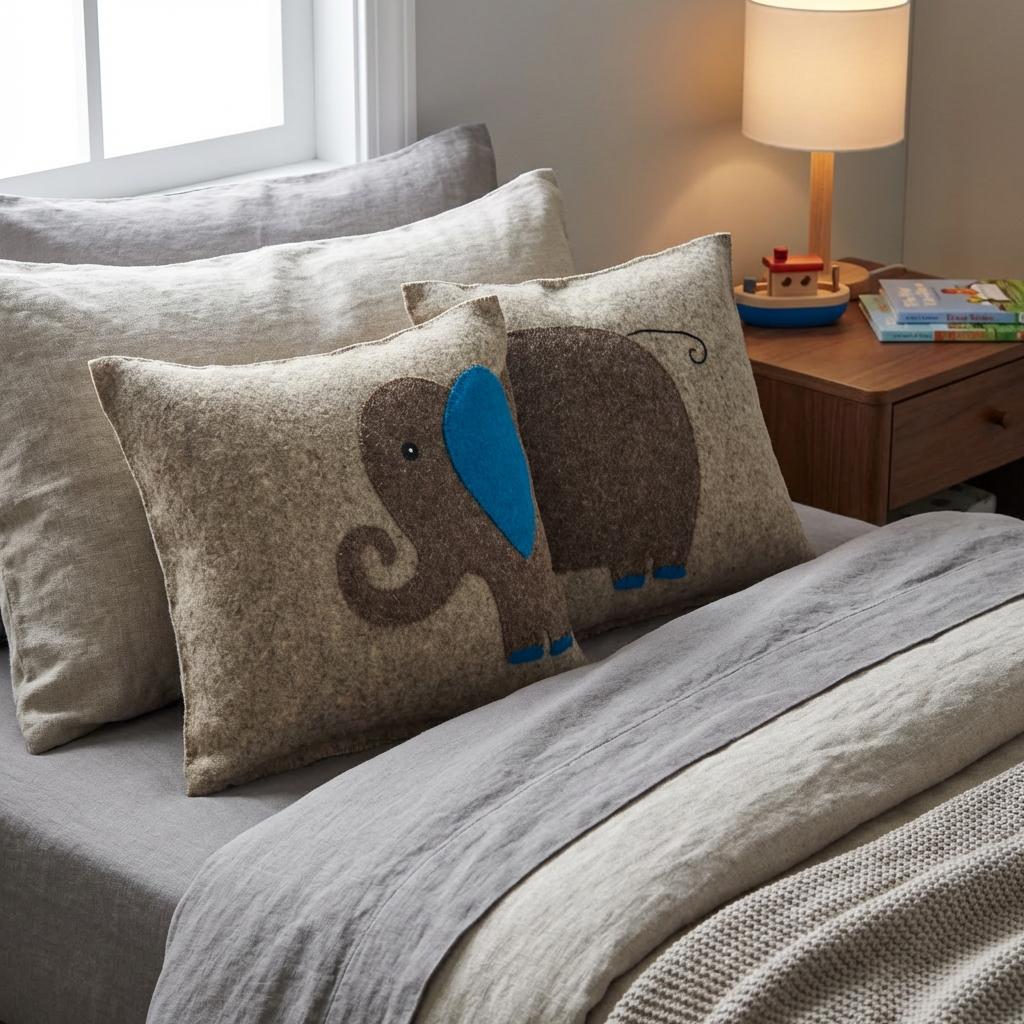 Handmade Pillow In Hand Felted Wool - Blue Elephant On Gray - 18"