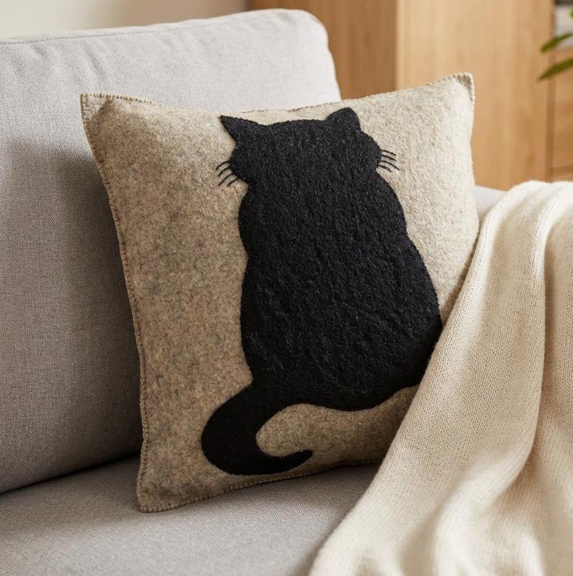 Handmade Pillow Hand Felted Wool - Cat Gray - 20"