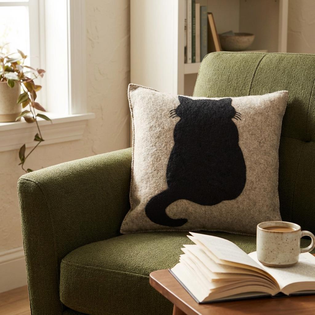 Handmade Pillow Hand Felted Wool - Cat Gray - 20"