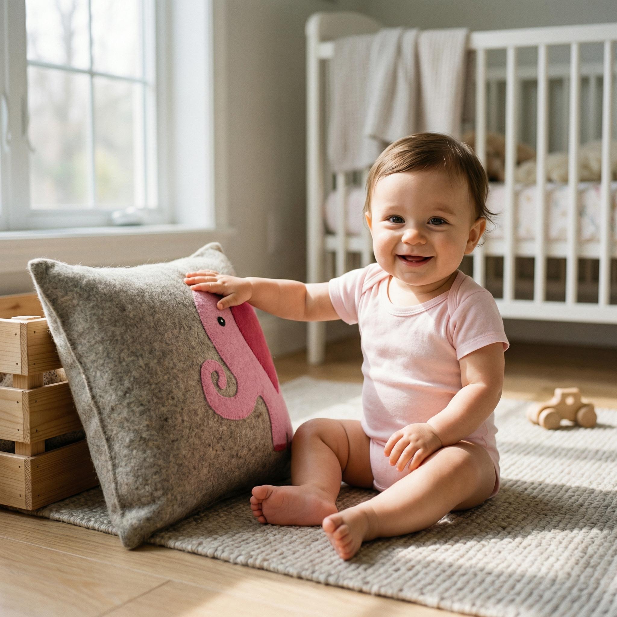 Handmade Pillow In Hand Felted Wool - Pink Elephant On Gray - 18"
