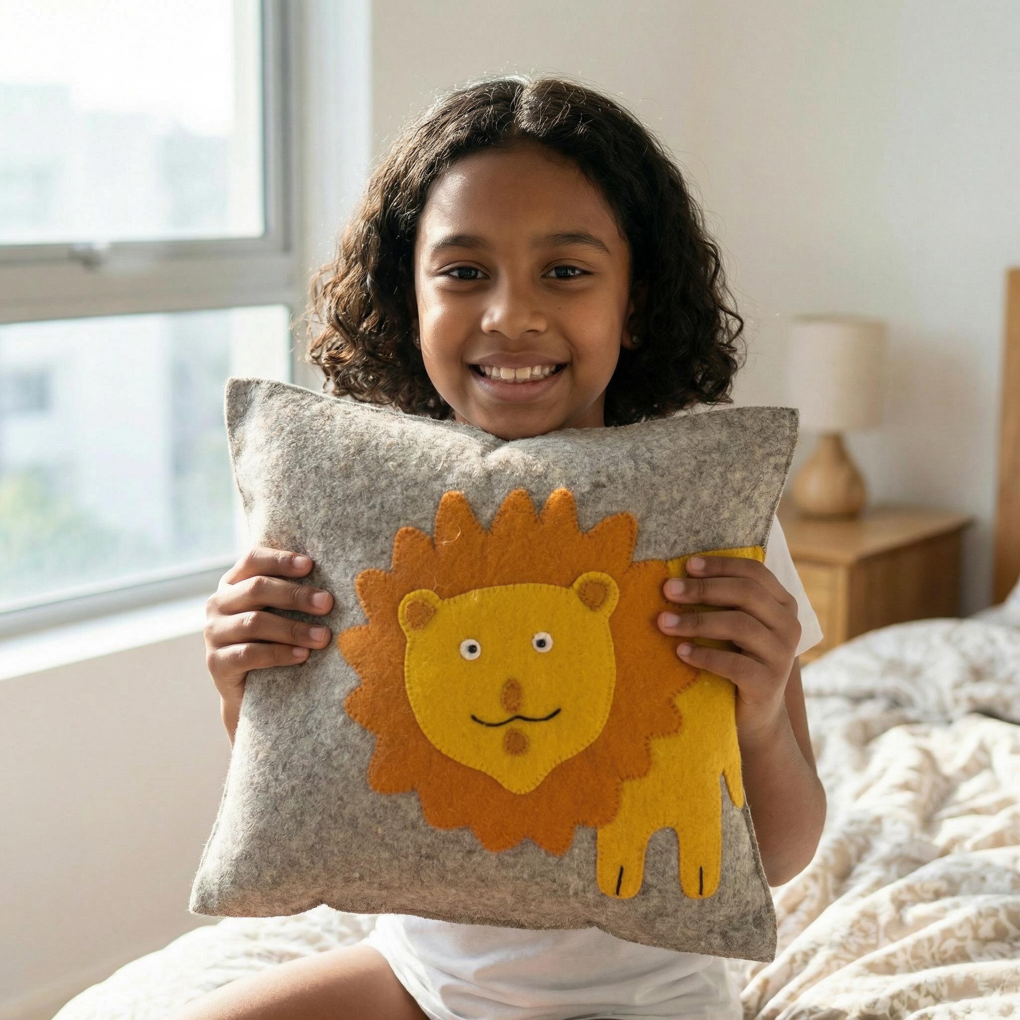 Handmade Pillow In Hand Felted Wool - Yellow Lion On Gray - 18"