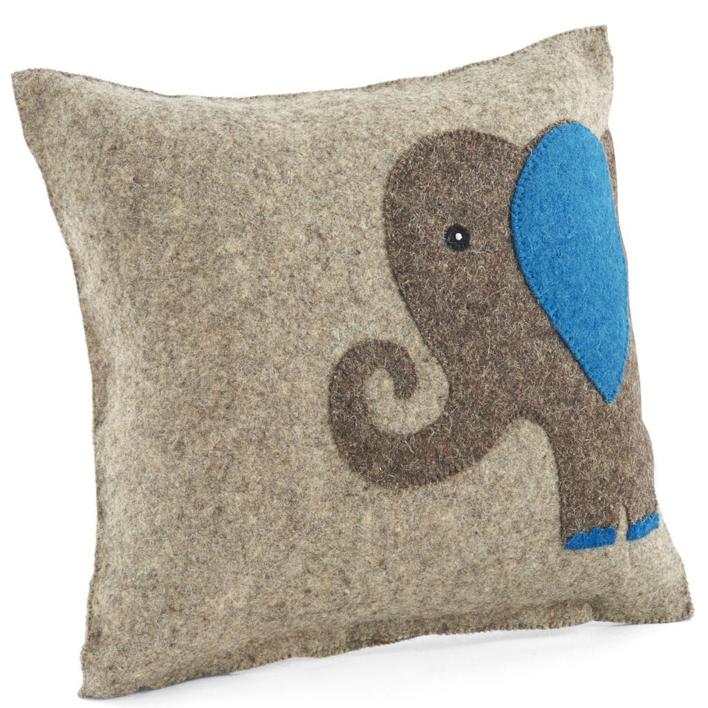Handmade Pillow In Hand Felted Wool - Blue Elephant On Gray - 18"