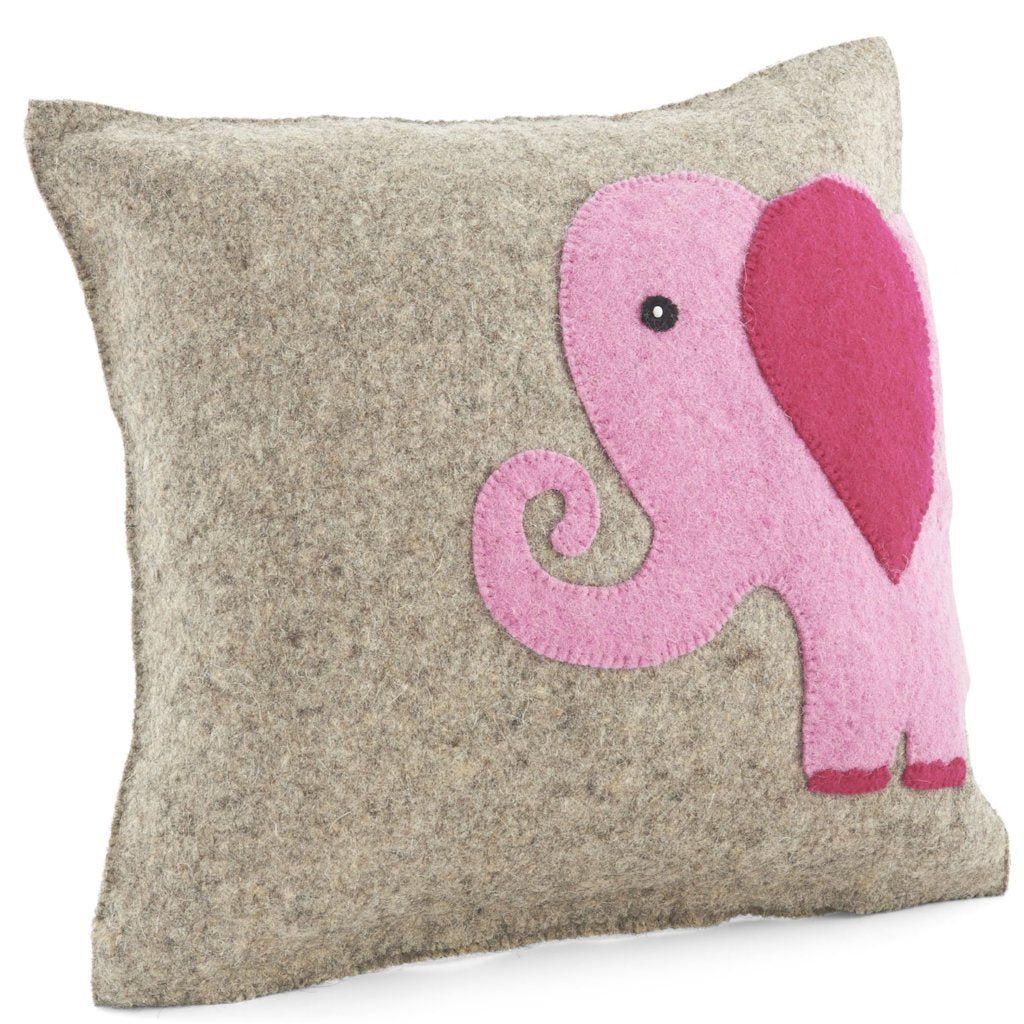 Handmade Pillow In Hand Felted Wool - Pink Elephant On Gray - 18"